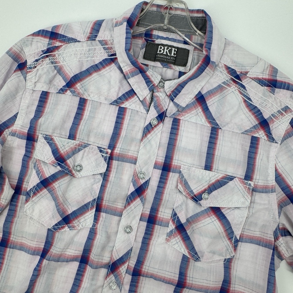 BKE Standard Fit Plaid Button Up Shirt Mens Size L Red Blue White Western Casual